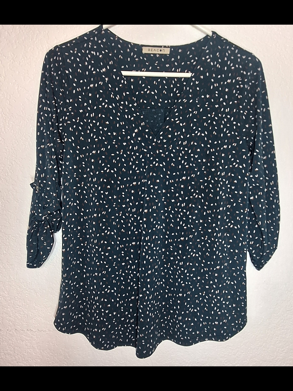 Beacon Navy Blue Patterned V-Neck Blouse 3/4 Roll-Tab Sleeve